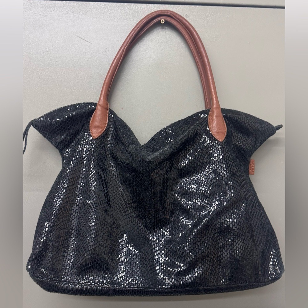 Sorial Metallic Black Leather Snakeskin Tote with Brown Leather Straps